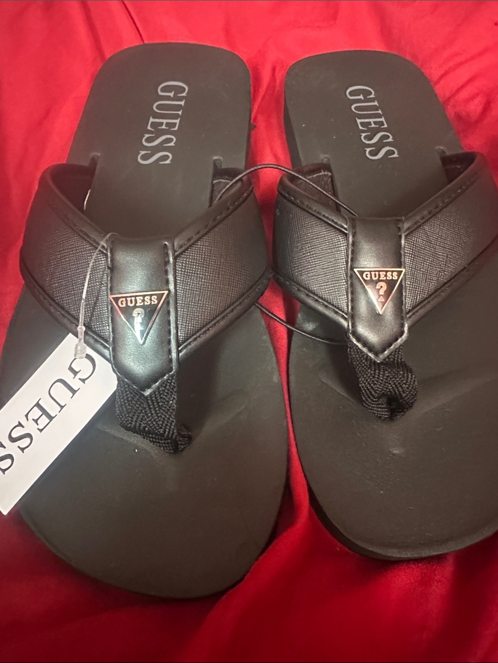 GUESS Black Men’s Logo Thong Sandals with Metal Accent